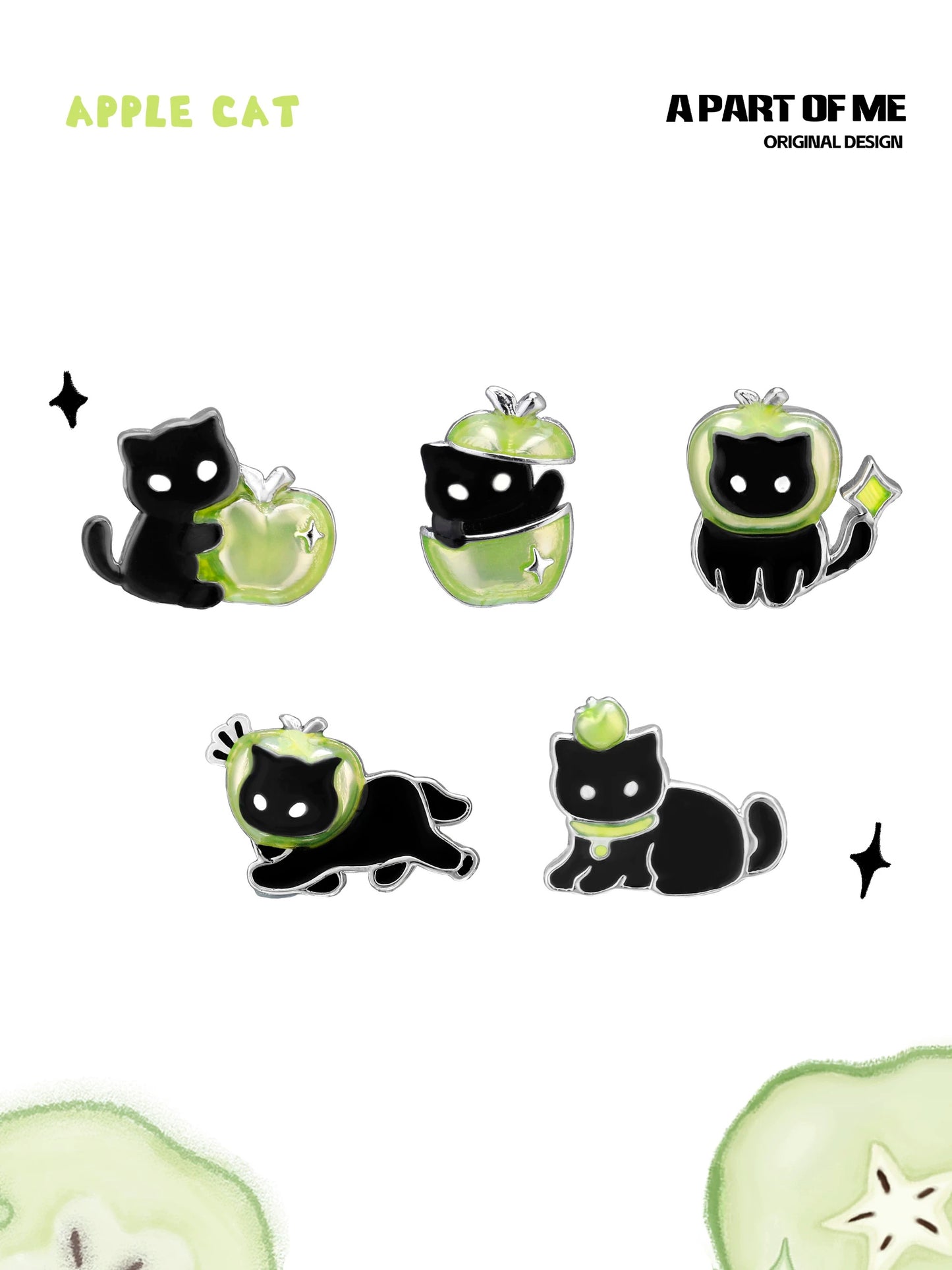 Apple Cat 18K Platinum Plating Black Cat & Green Apple Stud Earrings