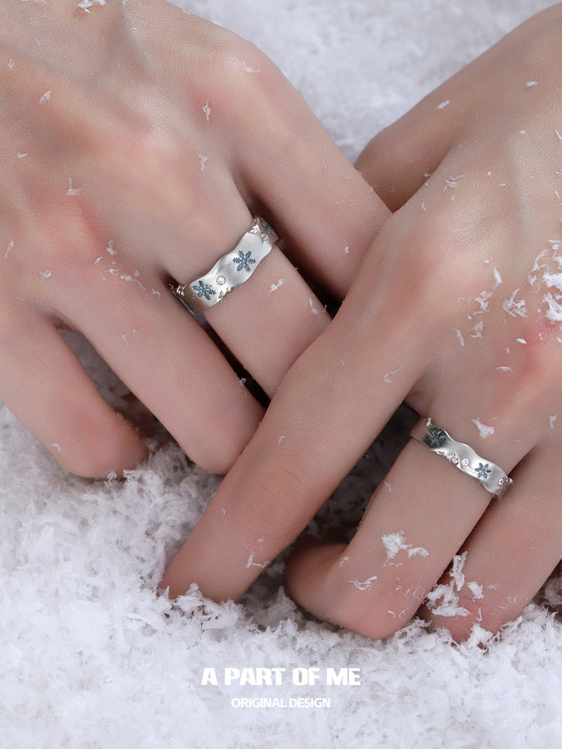 Blue Snowflake S925 Sterling Silver Christmas Couple Rings