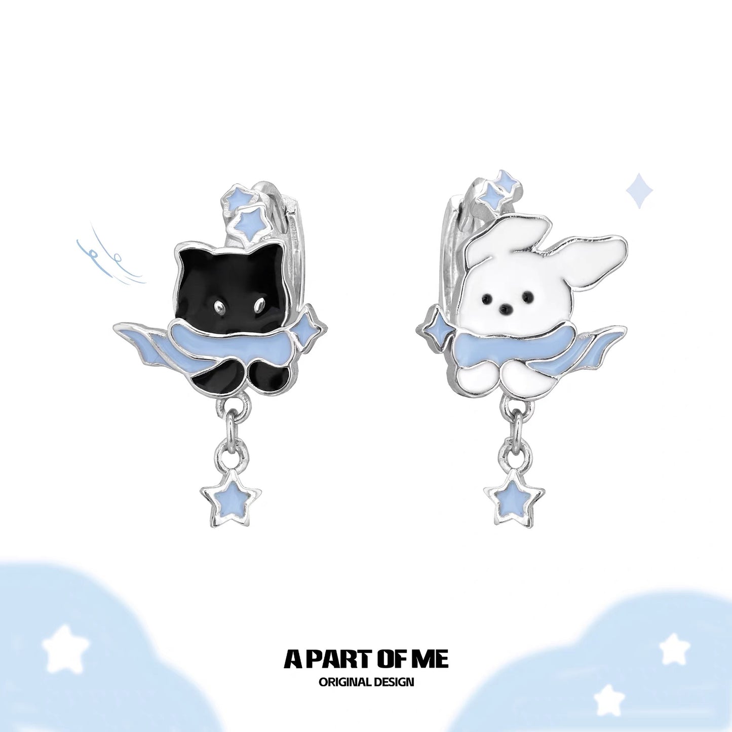 Snowy Black Cat & White Dog 18K Platinum Plating Huggies Earrings