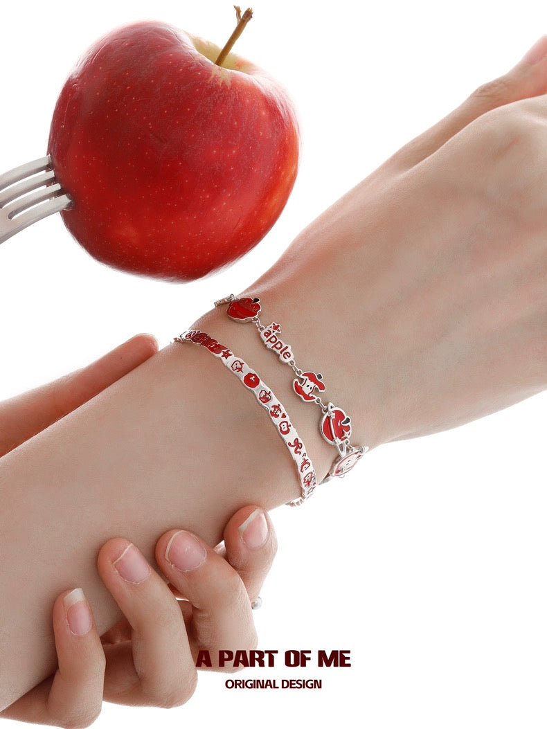 Apple Slice S925 Sterling Silver Apple Graffiti Bangle Bracelet