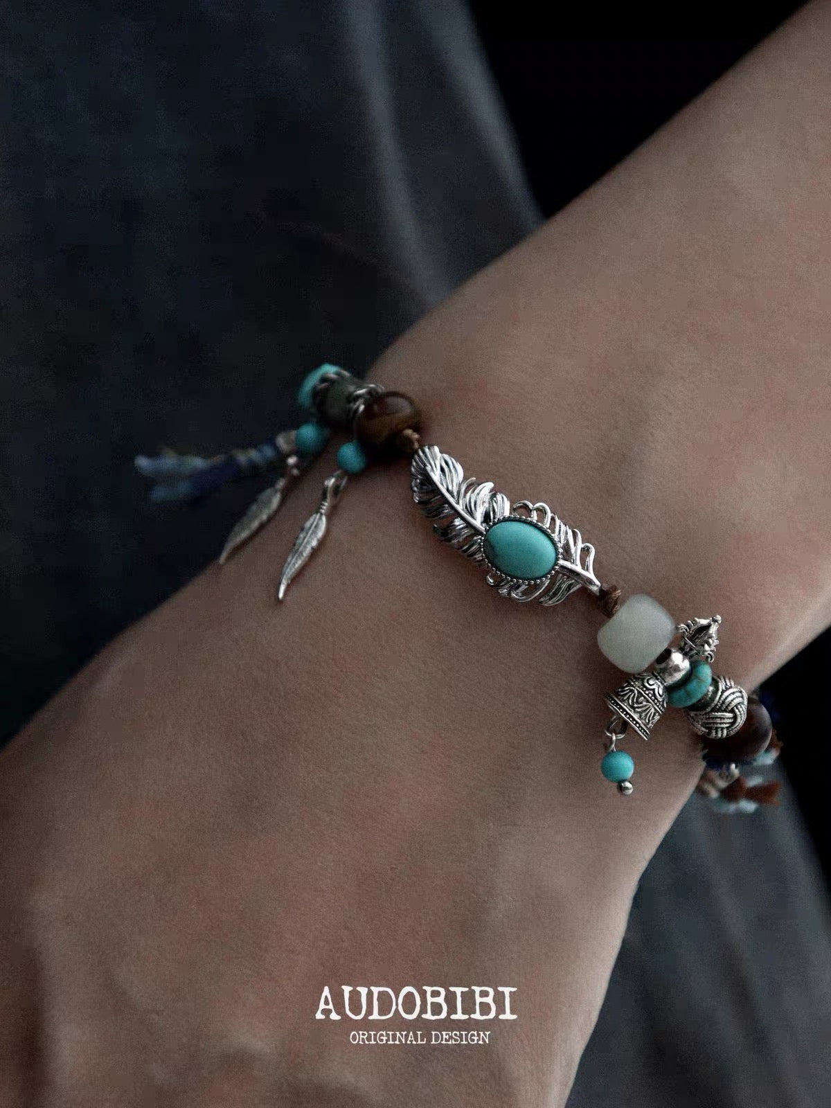 Plume Collection 18K Platinum Plating Hand-braided Cord Turquoise & Agate Bracelet
