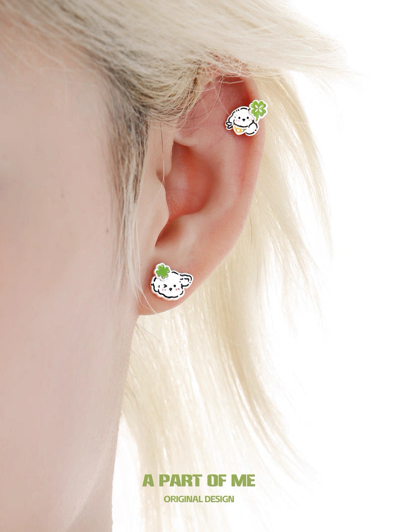 The Lucky Clover Kitten & Puppy 18K Platinum Plating Stud Earrings