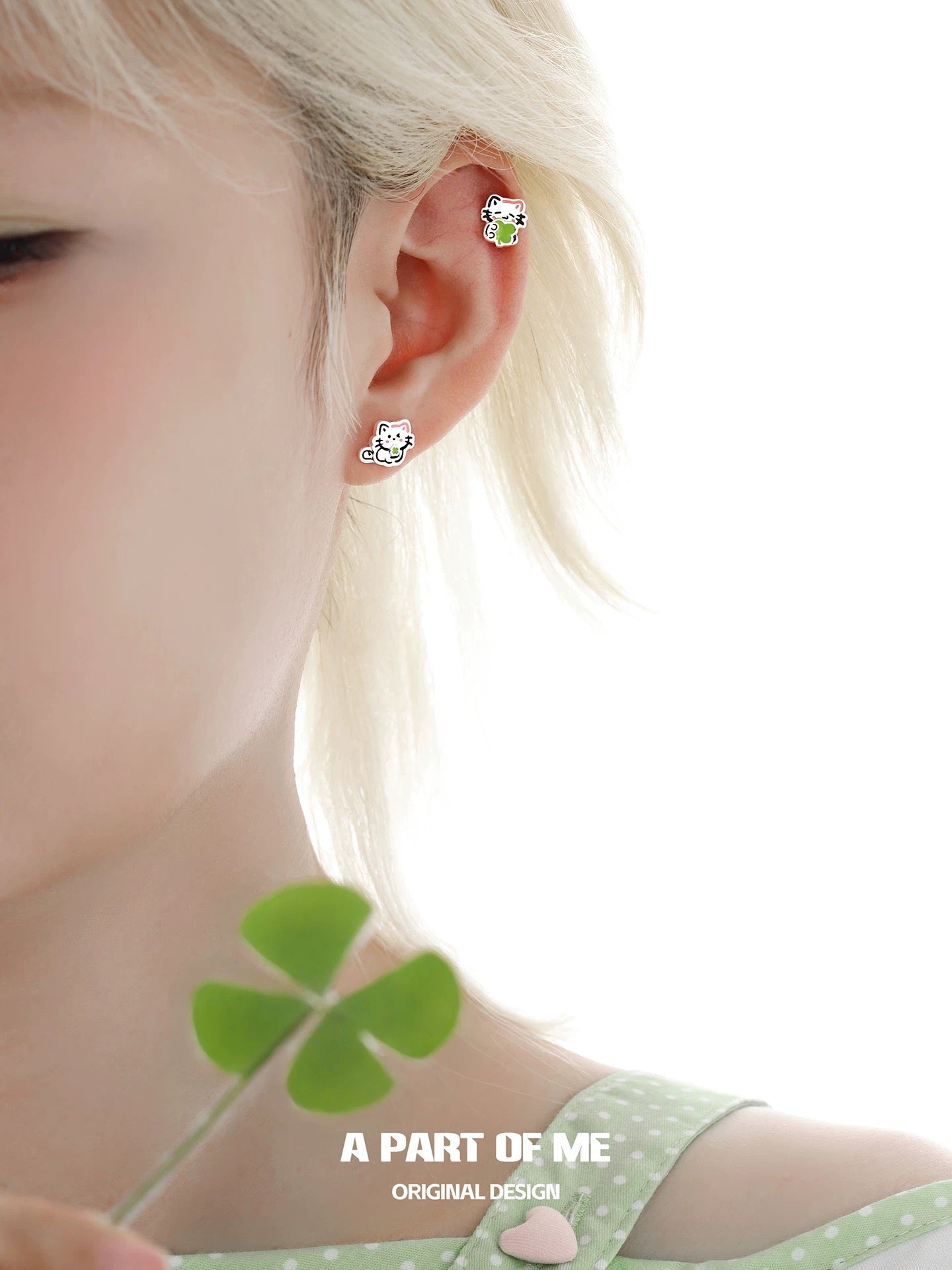 The Lucky Clover Kitten & Puppy 18K Platinum Plating Stud Earrings