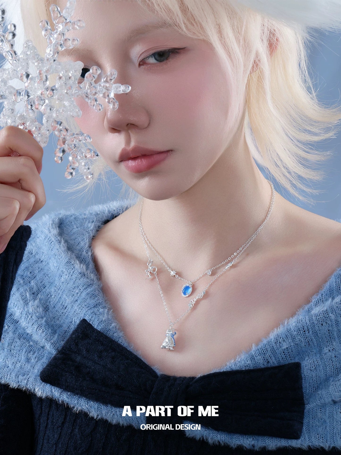Snow Bunny Platinum Plating Synthetic Sapphire Double Layer Necklace