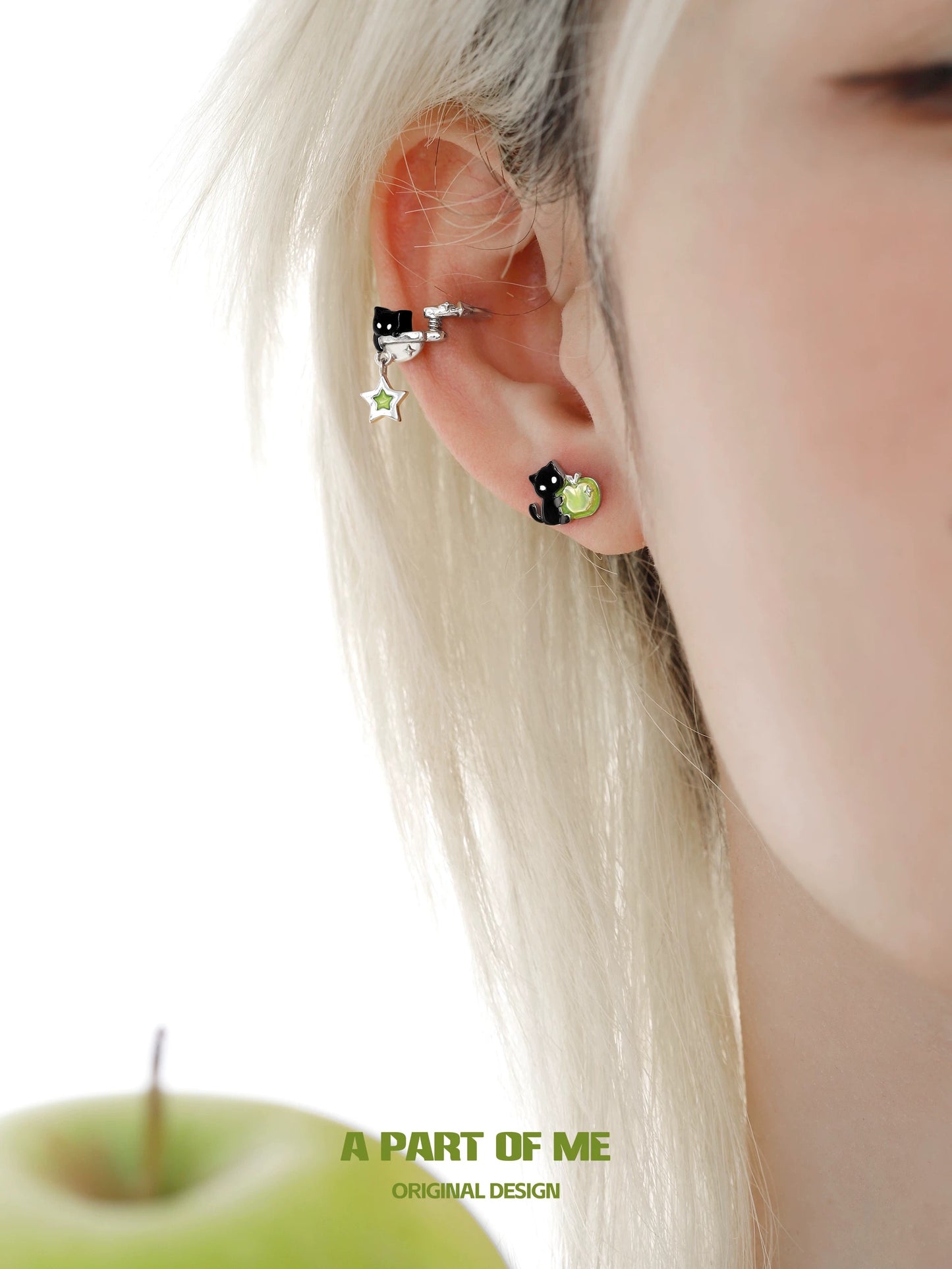 Apple Cat 18K Platinum Plating Black Cat & Green Apple Stud Earrings