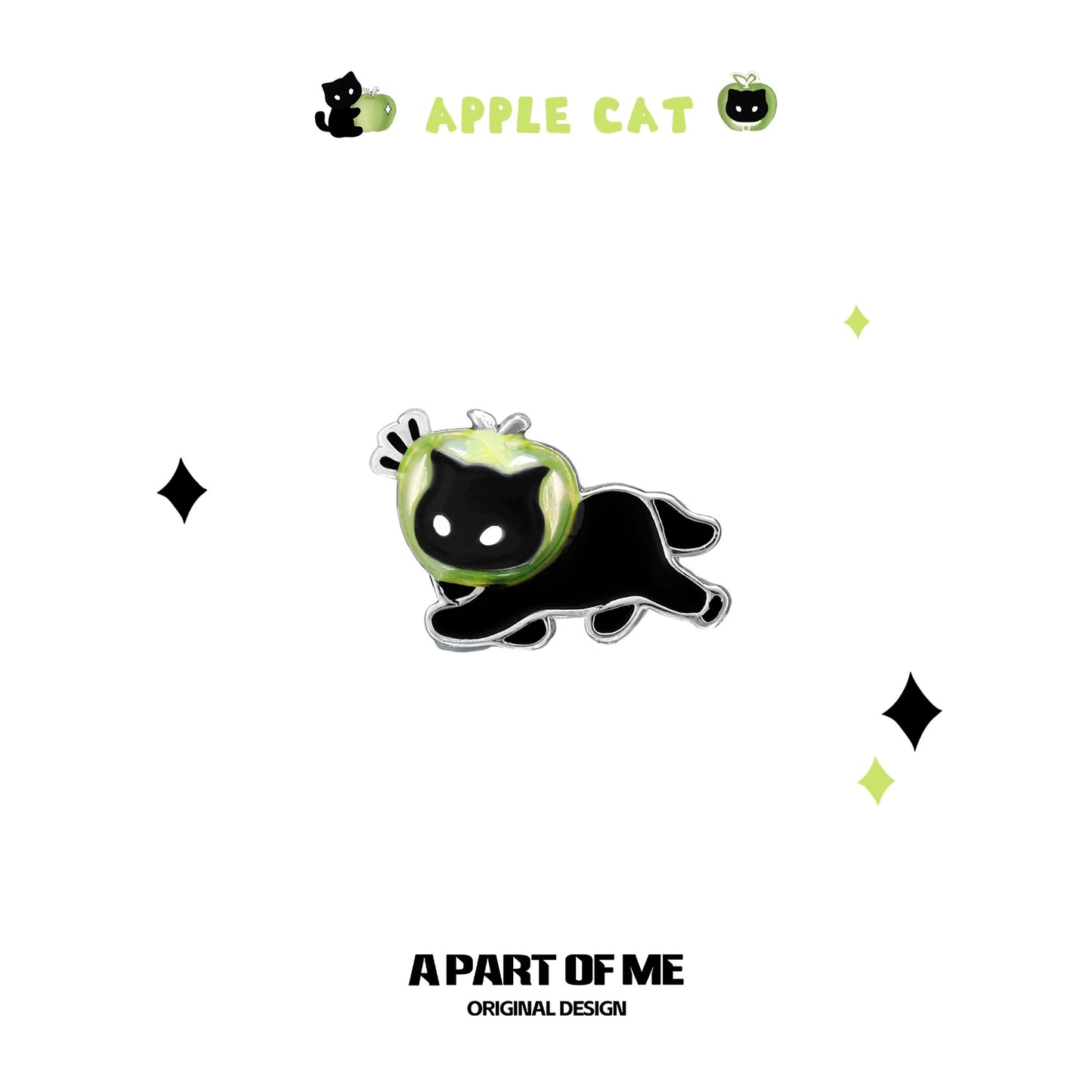 Apple Cat 18K Platinum Plating Black Cat & Green Apple Stud Earrings