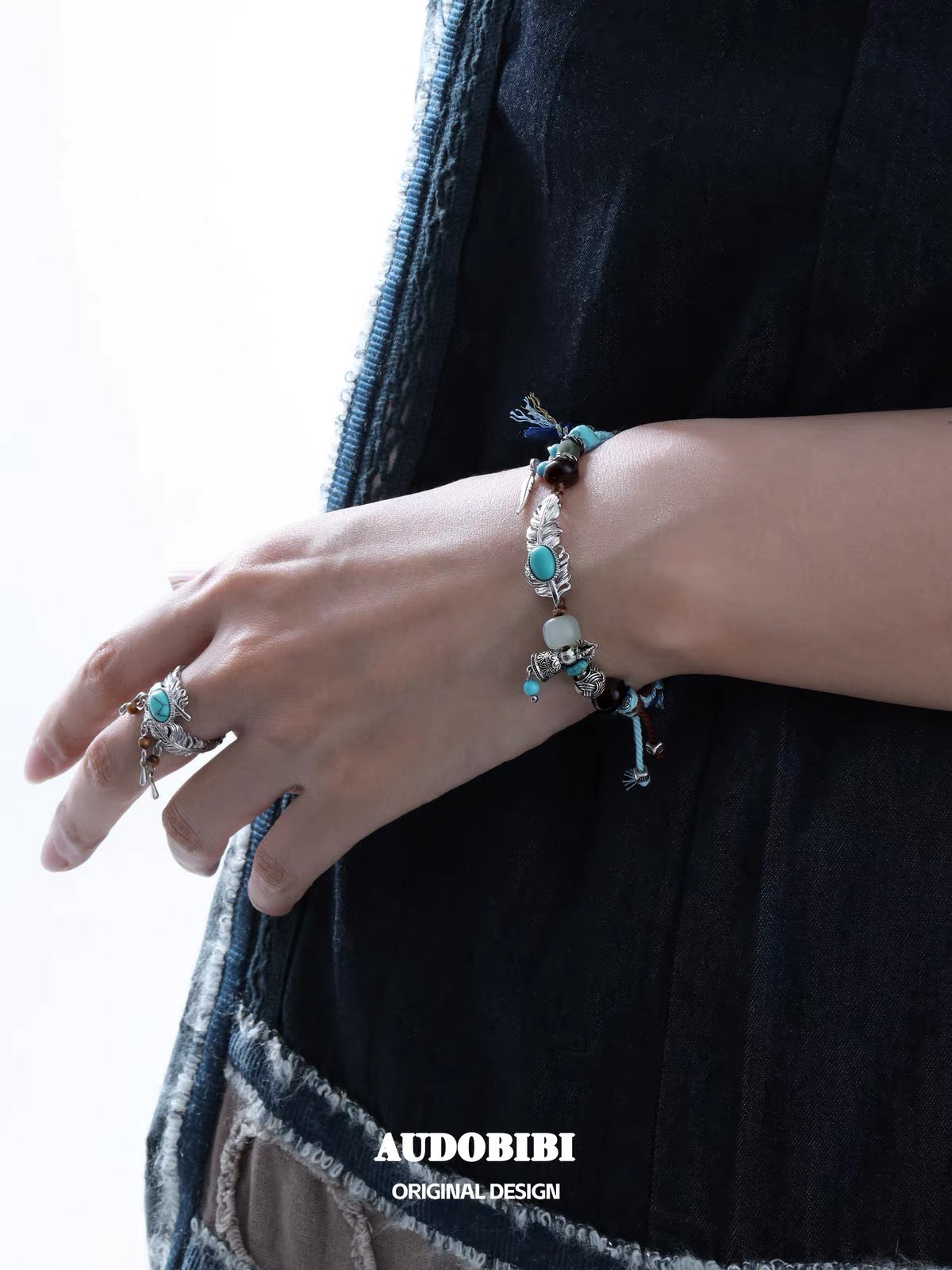 Plume Collection S925 Sterling Silver Turquoise & Tiger Eyes Tassel Ring (46,5-53mm)