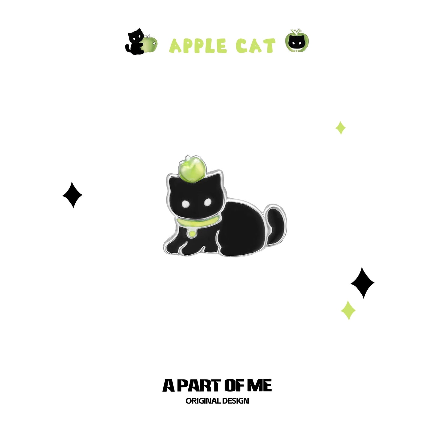 Apple Cat 18K Platinum Plating Black Cat & Green Apple Stud Earrings