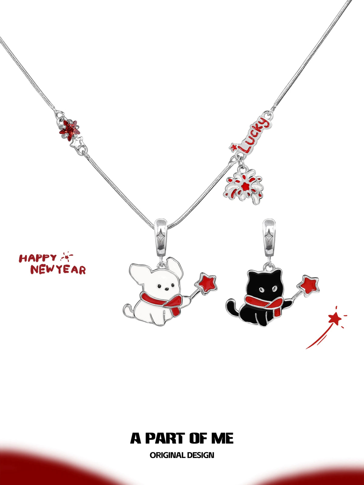 Happy New Year 18K Platinum Plating Black Cat & White Dog Changeable Pendant Necklace