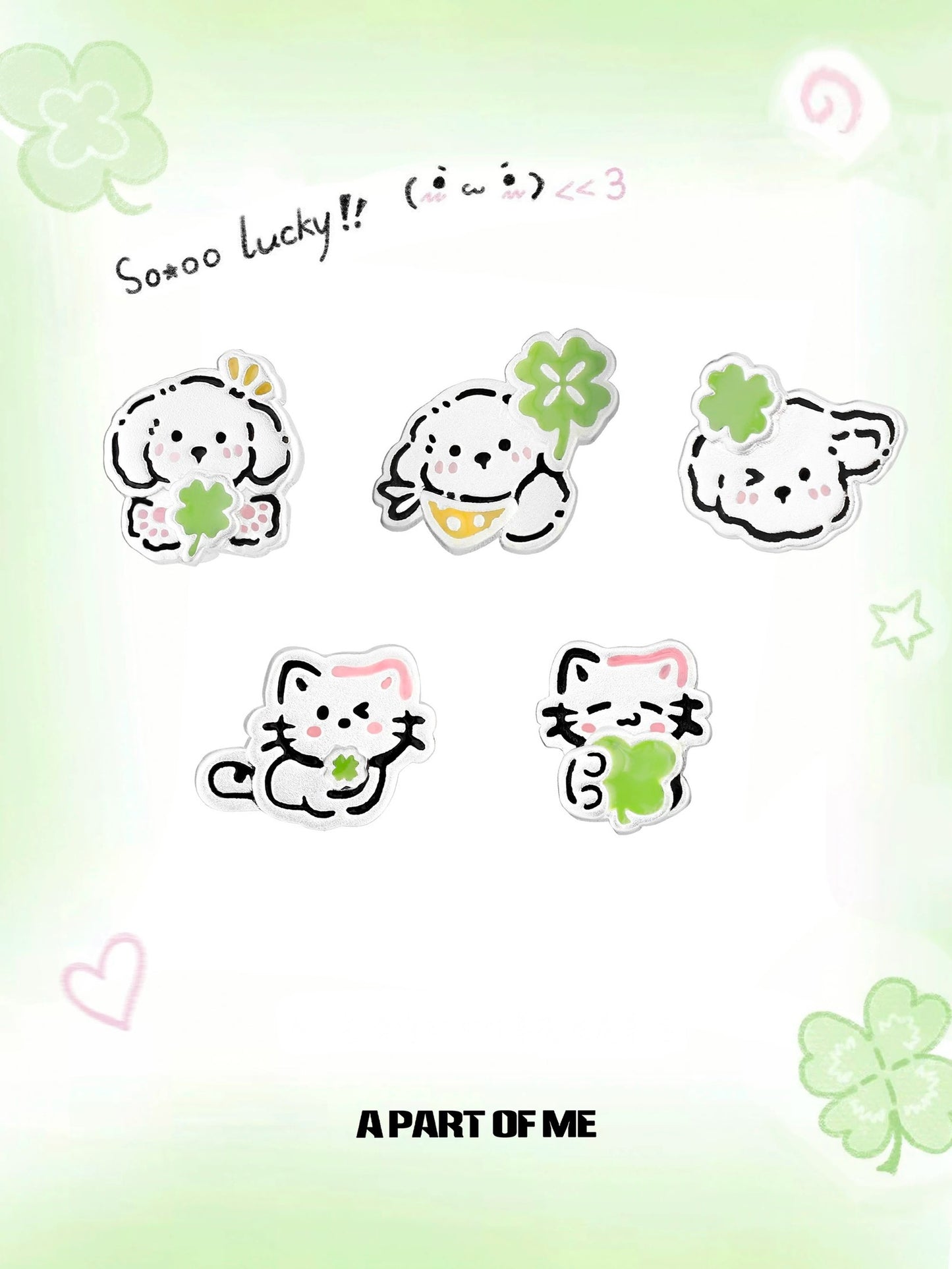 The Lucky Clover Kitten & Puppy 18K Platinum Plating Stud Earrings