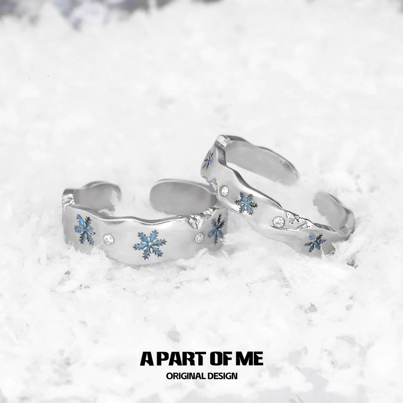 Blue Snowflake S925 Sterling Silver Christmas Couple Rings