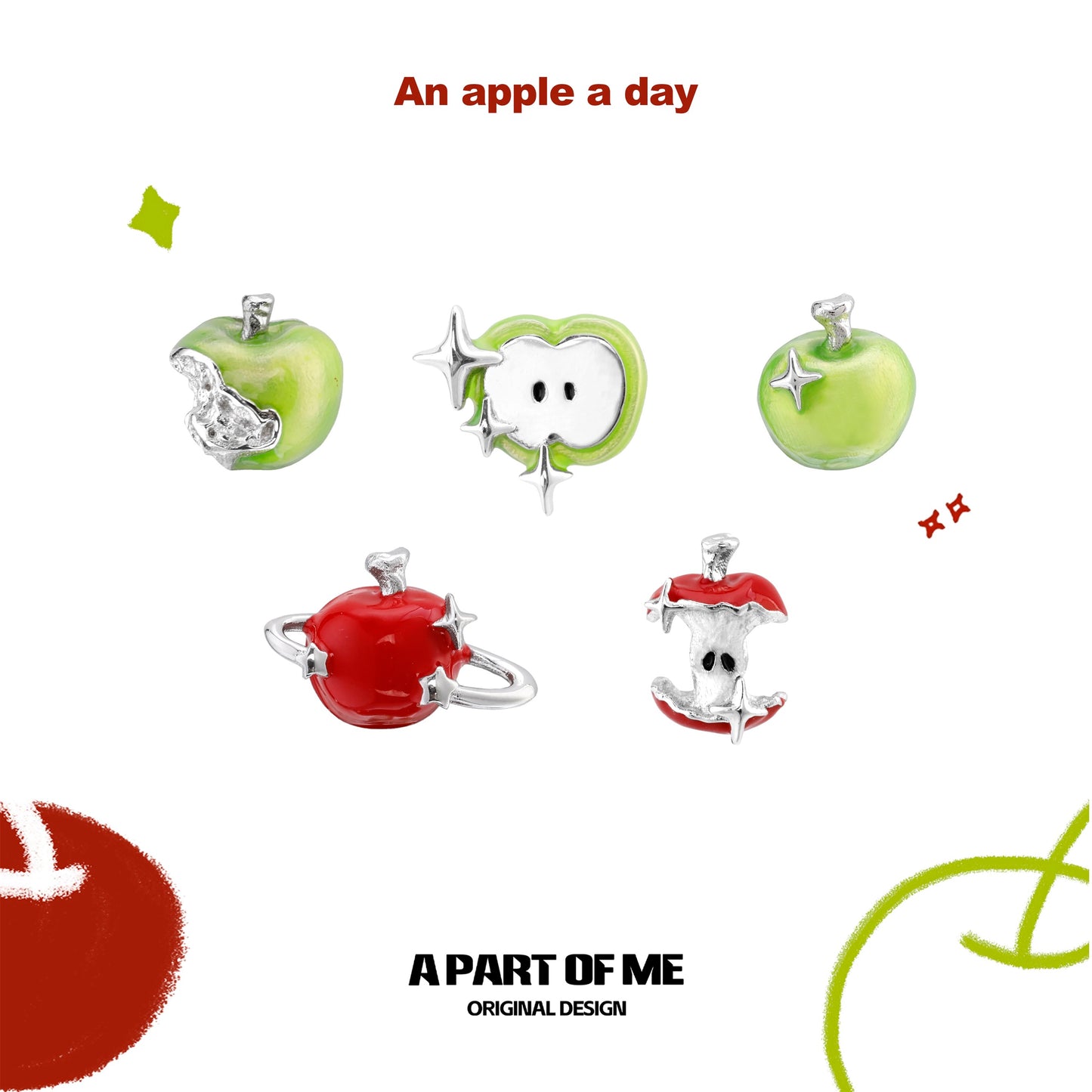 Apple Slice 18K Platinum Plating Green & Red Apple Stud Earrings