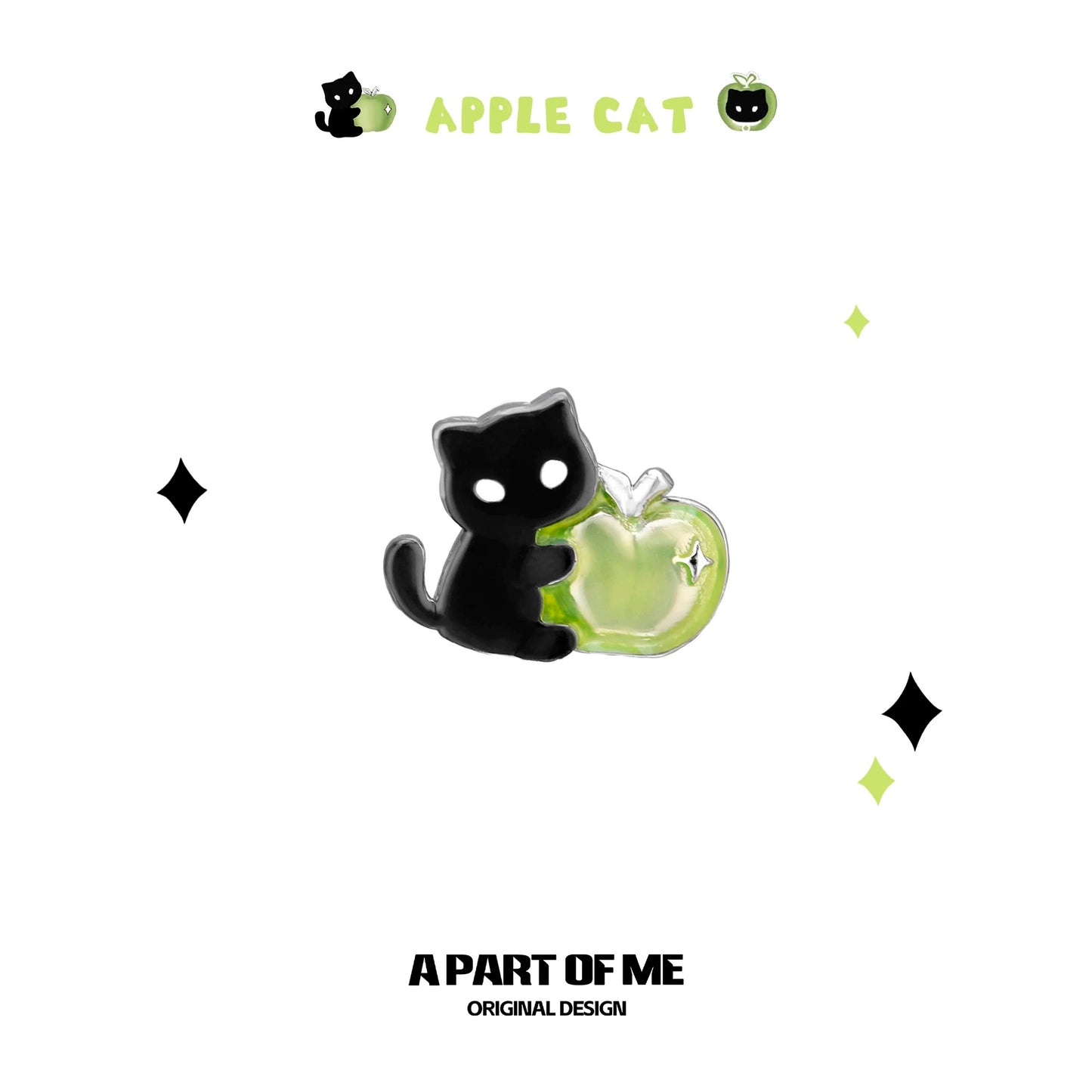 Apple Cat 18K Platinum Plating Black Cat & Green Apple Stud Earrings