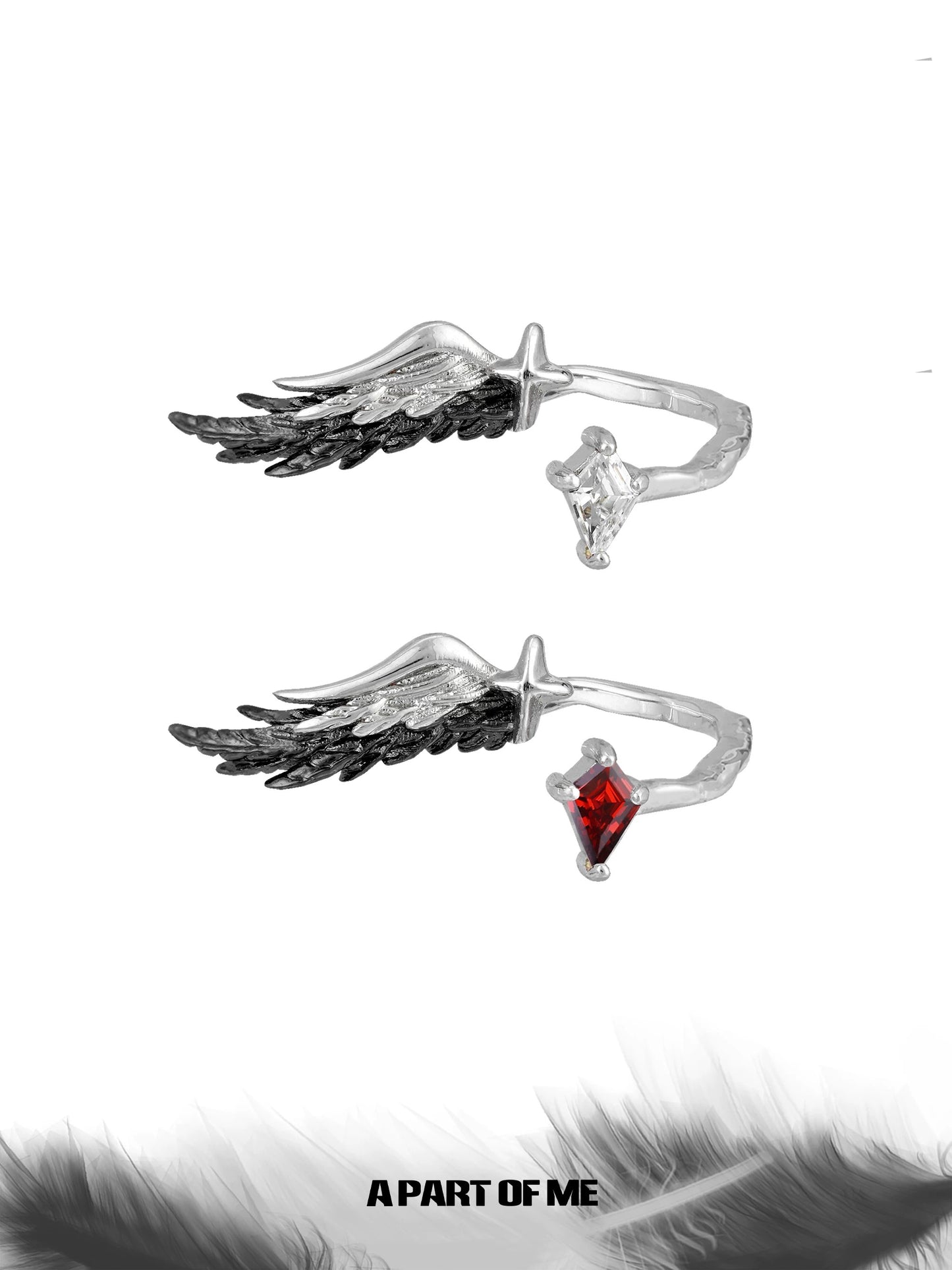 A Love Story Between a Dove & a Crow S925 Sterling Silver Feather Adjustable Rings
