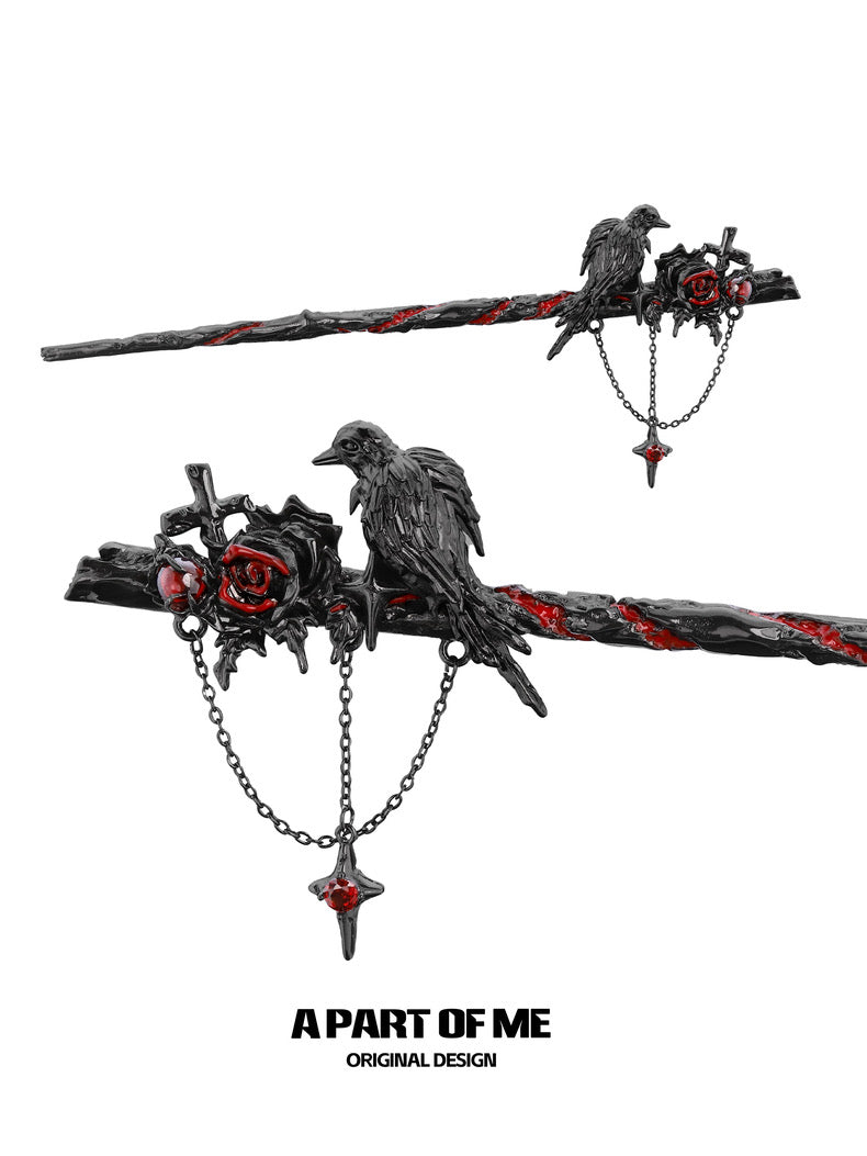 Crow Collection (Sylus's Version) 18K Black Gold Plated Crow & Rose Hairpin
