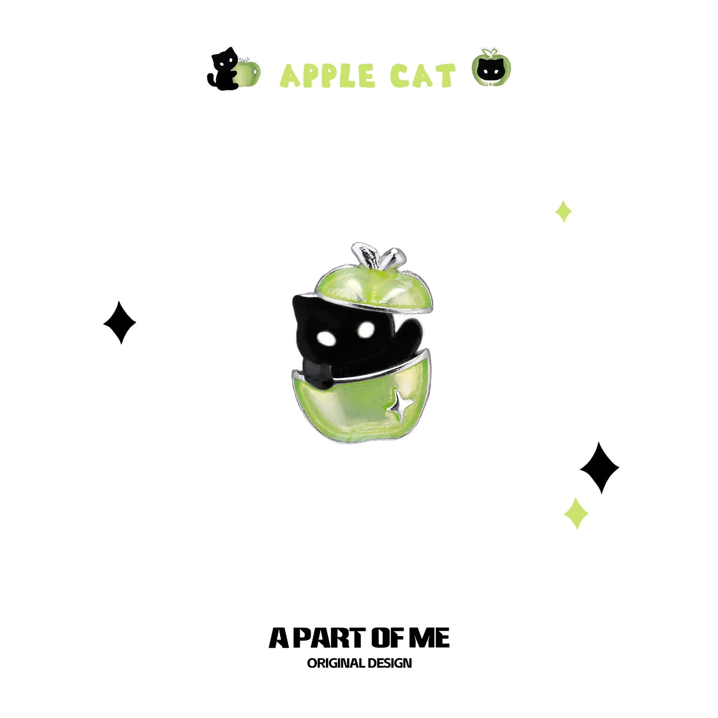 Apple Cat 18K Platinum Plating Black Cat & Green Apple Stud Earrings