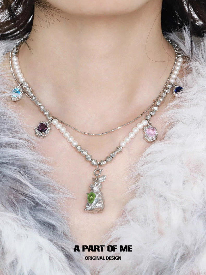 Wealthy Rabbit 18K Platinum Plating Easter Bunny Double Layer Multicolor Stones Necklace