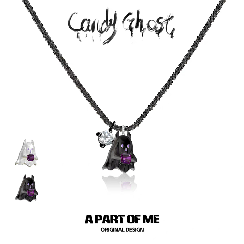 Candy Ghost 18K Platinum/Black Plating Trick or Treat Pendant Necklace