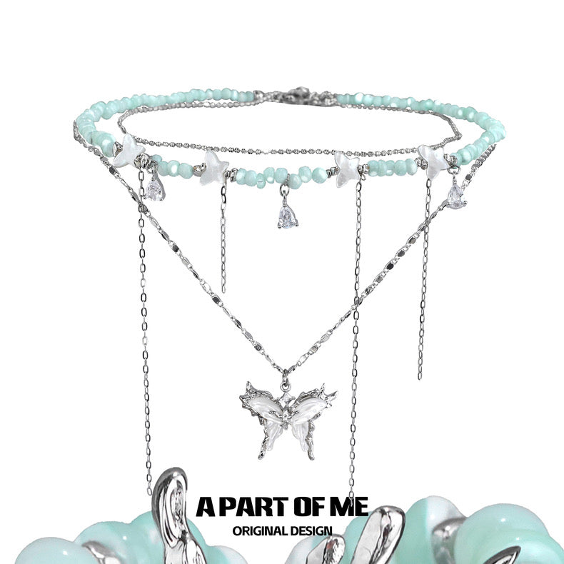 Mint Mambo Butterfly 18K Platinum Plating Beads Choker and Butterfly Pendant Necklace