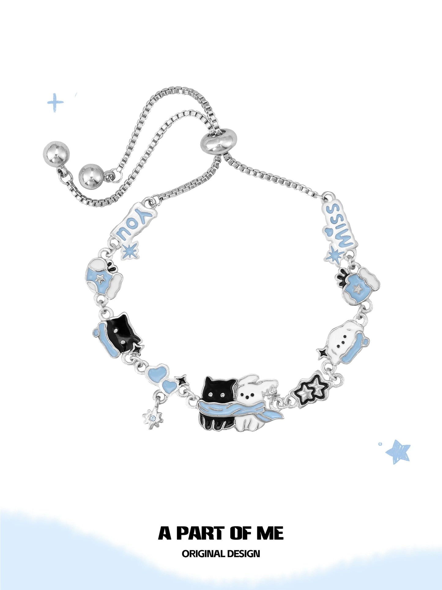 Snowy Black Cat & White Dog 18K Platinum Plating Slider Bracelet