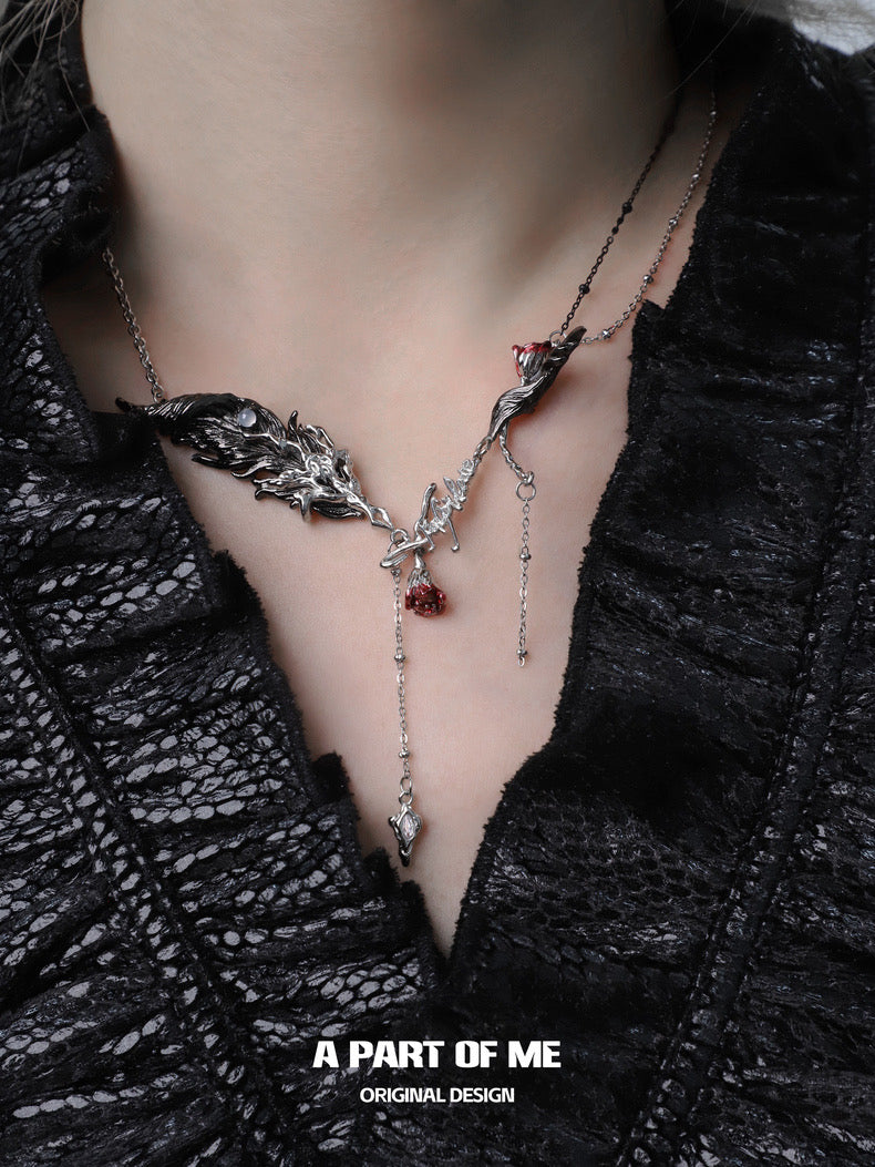 Palpitate 18K Platinum Plating White Agate Bloody Rose & Feather Necklace