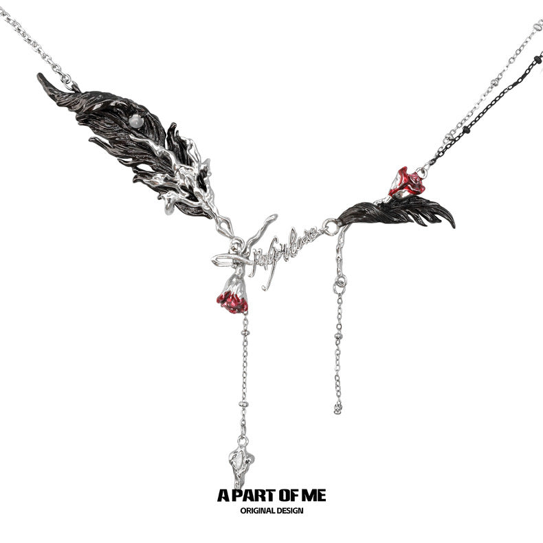 Palpitate 18K Platinum Plating White Agate Bloody Rose & Feather Necklace