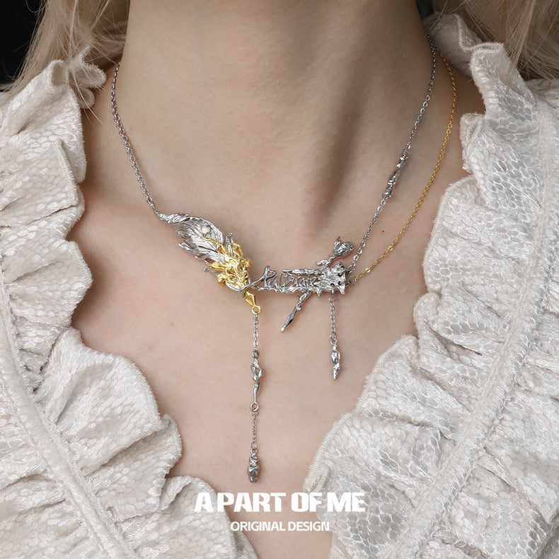 Palpitate 18K Platinum Plating White Agate Bloody Rose & Feather Necklace