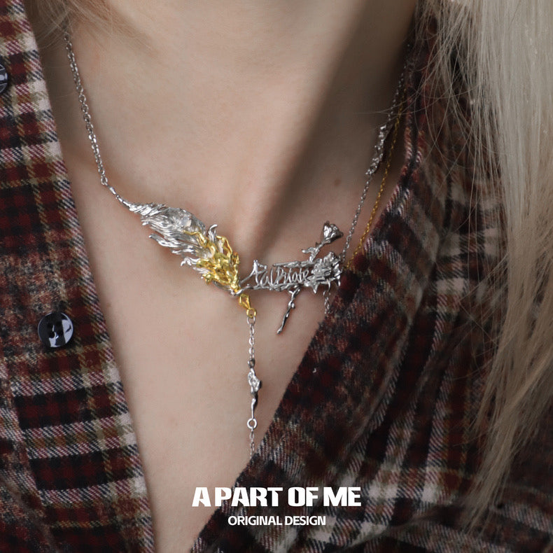 Palpitate 18K Platinum Plating White Agate Bloody Rose & Feather Necklace