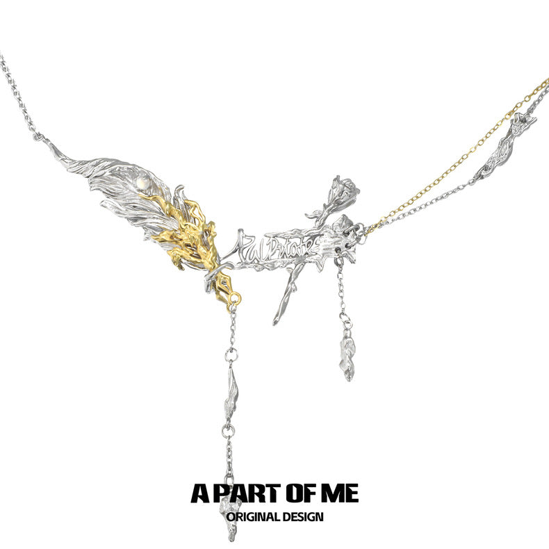 Palpitate 18K Platinum Plating White Agate Bloody Rose & Feather Necklace