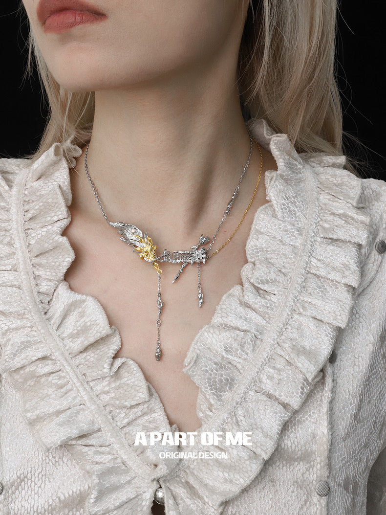 Palpitate 18K Platinum Plating White Agate Bloody Rose & Feather Necklace