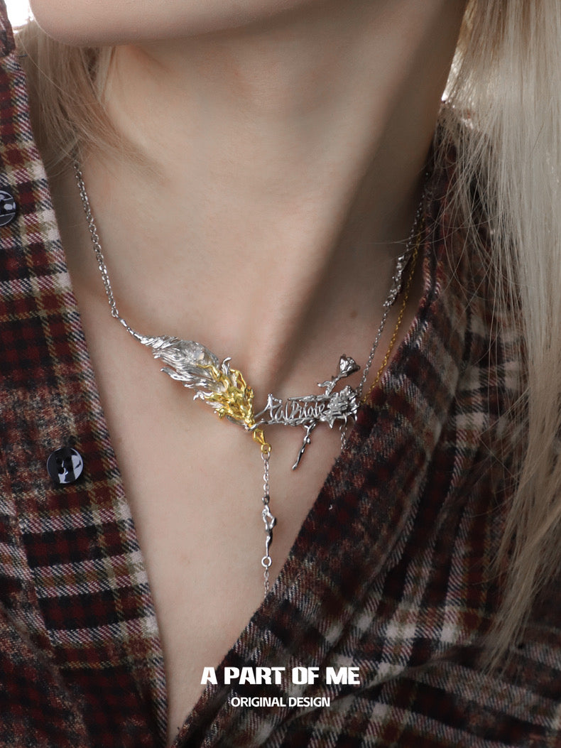 Palpitate 18K Platinum Plating White Agate Bloody Rose & Feather Necklace