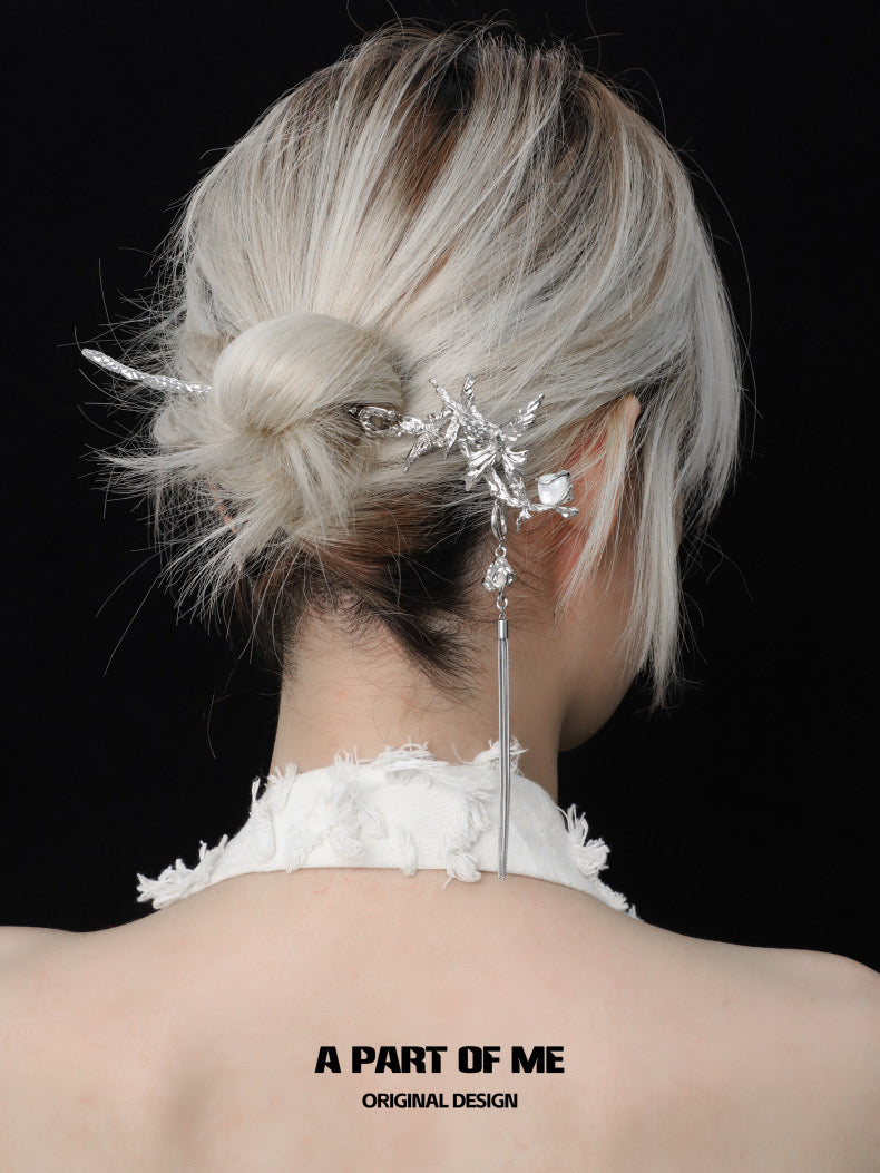 バタフライシルエット 18K プラチナメッキ 天然シェル 取り外し可能なタッセルヘアピン