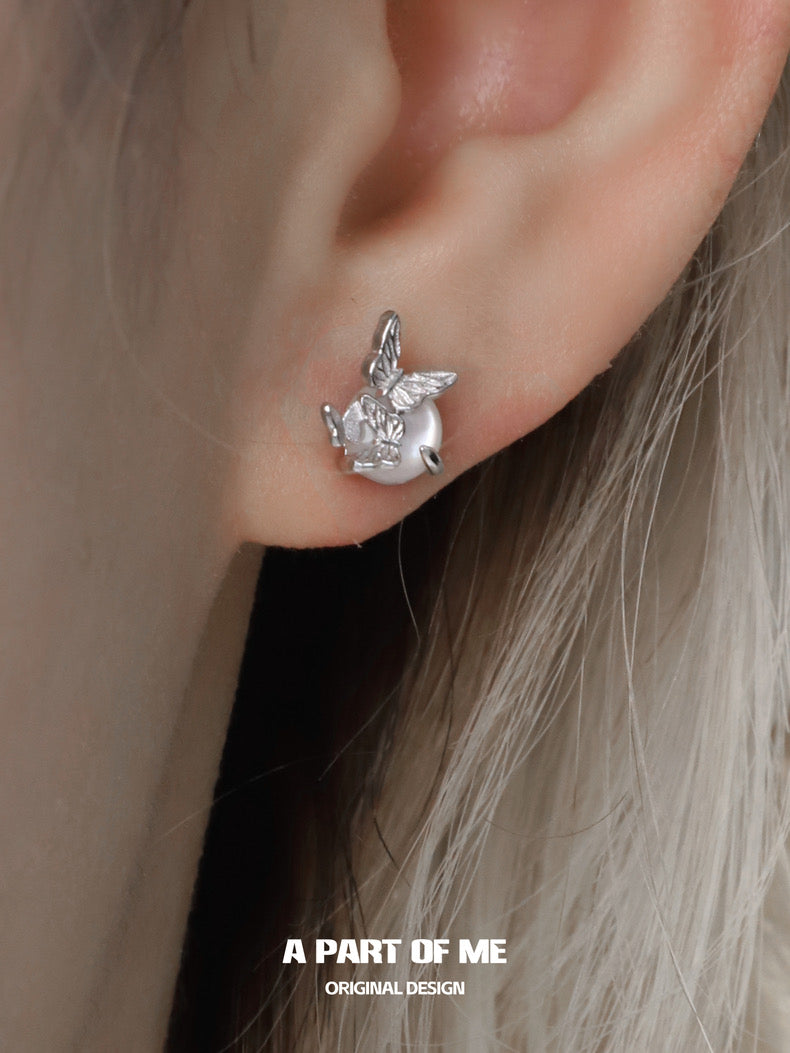 Butterfly Silhouette S925 Sterling Silver Natural White Shell Mini Butterflies Stud Earrings