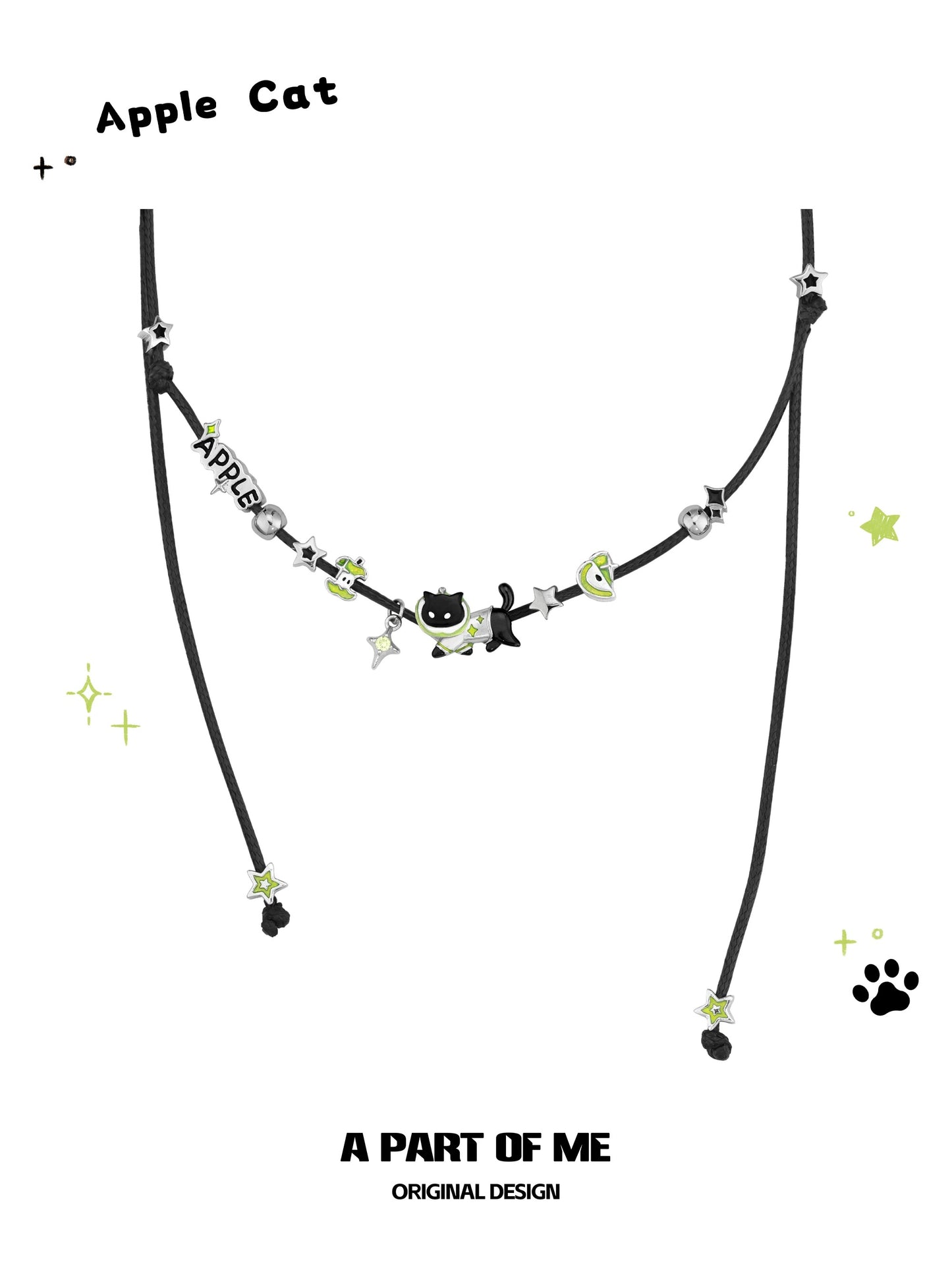 Apple Cat 18K Platinum Plating Black Cord Black Cat & Green Apple Necklace