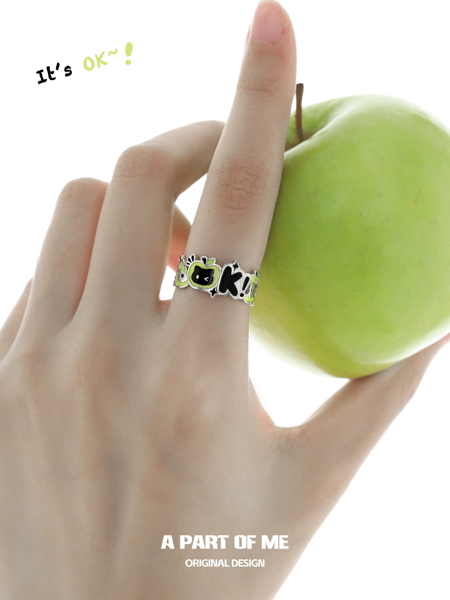 Apple Cat S925 Sterling Silver OK! Black Cat & Green Apple Ring
