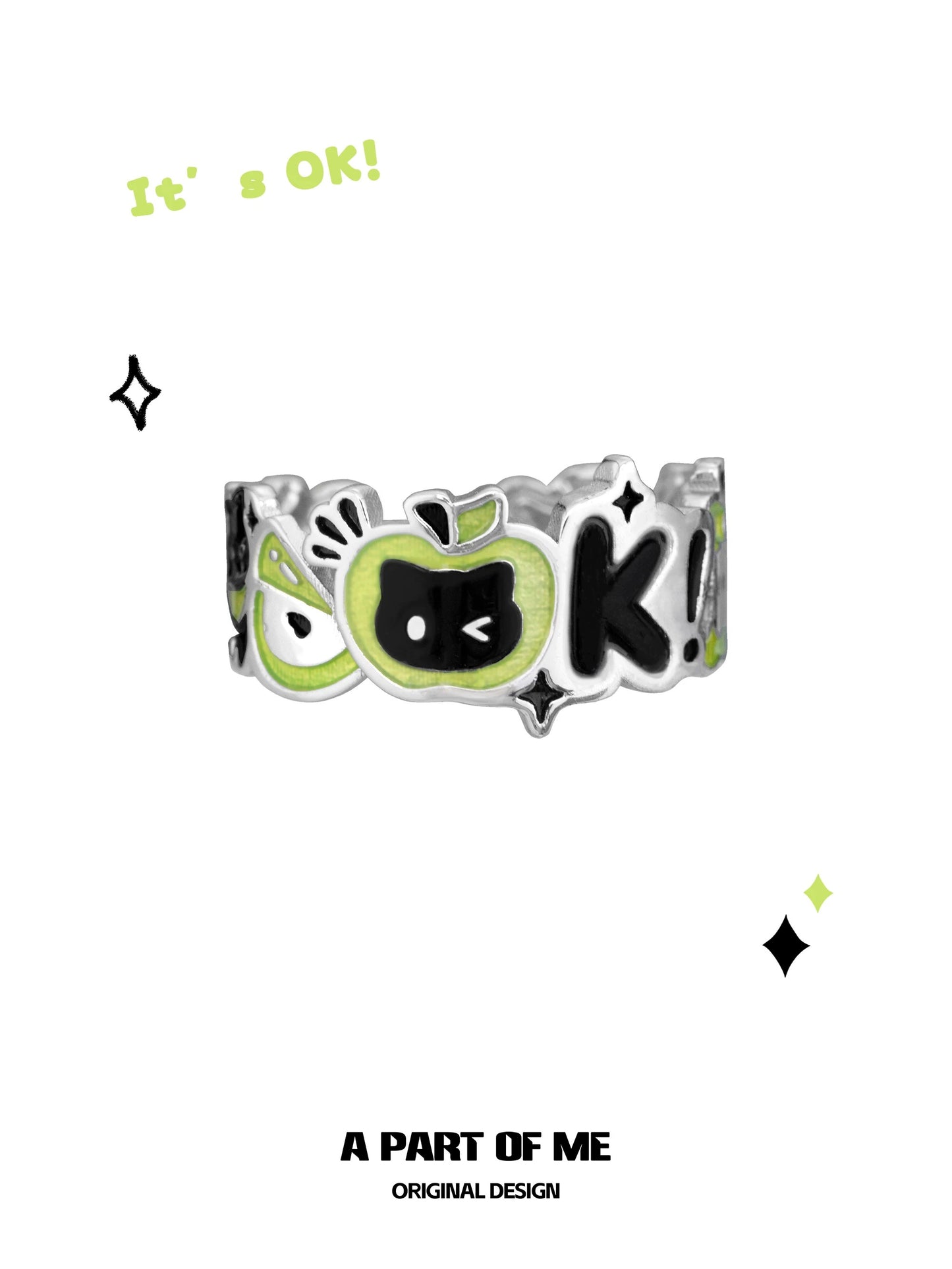 Apple Cat S925 Sterling Silver OK! Black Cat & Green Apple Ring