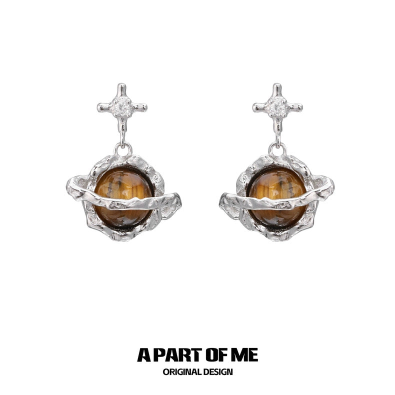 Saturn S925 Sterling Silver Tiger Eye Stone Stud Earrings
