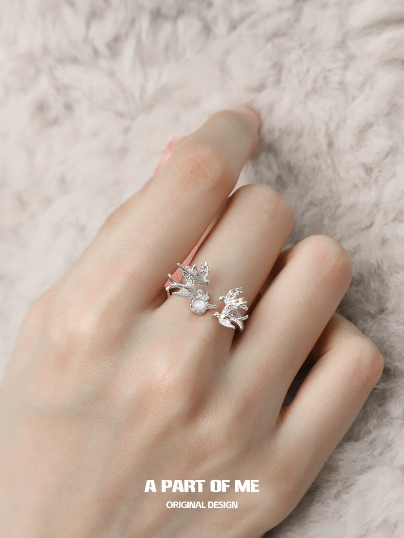 Swallows Bird S925 Sterling Silver White Agate Adjustable Ring