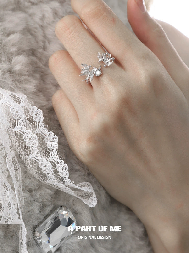 Swallows Bird S925 Sterling Silver White Agate Adjustable Ring