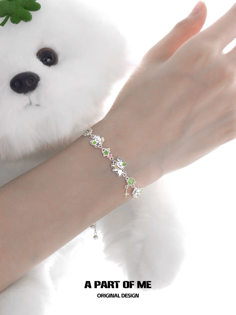 The Lucky Clover Lucky Kitten & Puppy 18K Platinum Plating Slider Bracelet