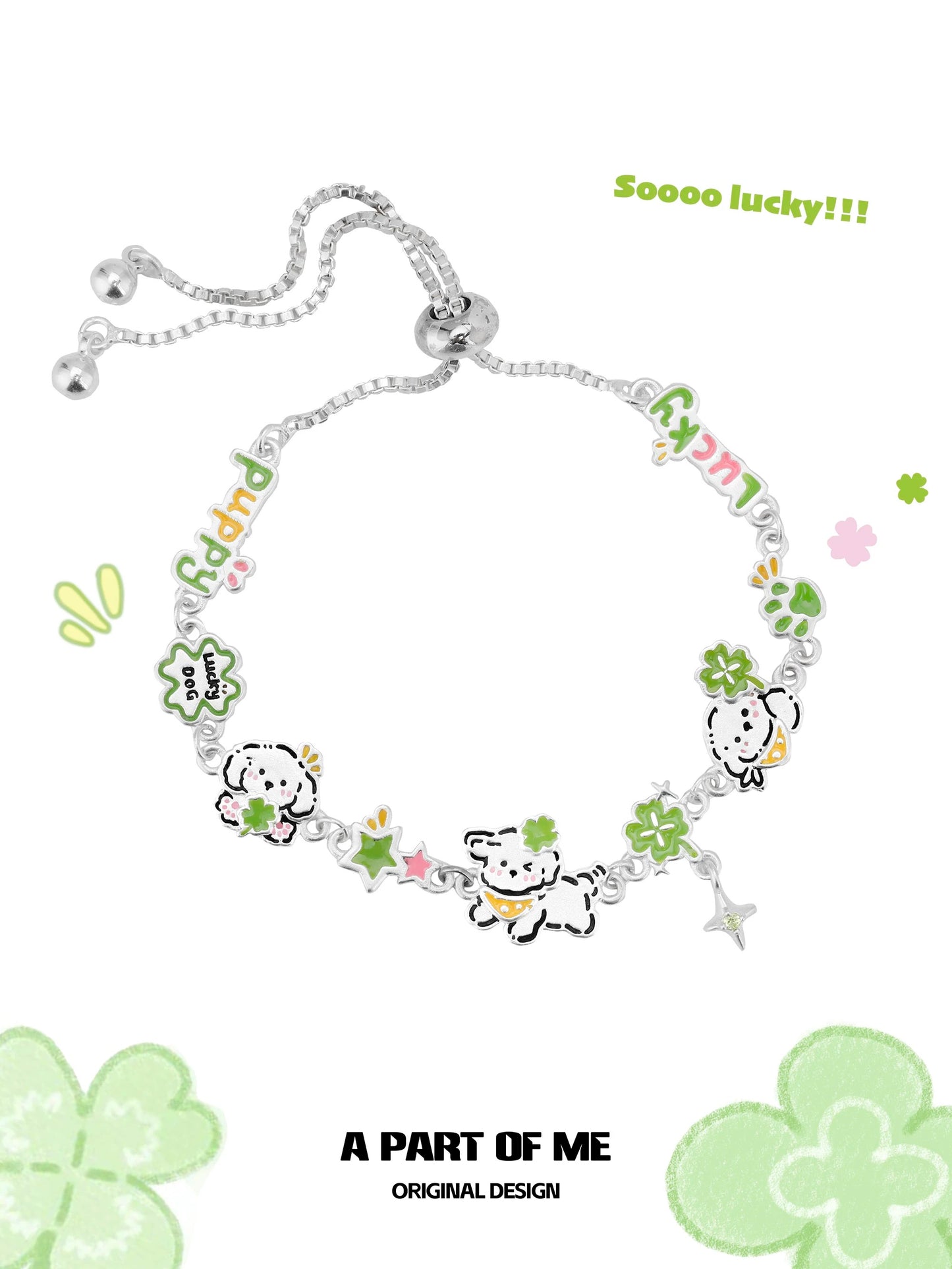 The Lucky Clover Lucky Kitten & Puppy 18K Platinum Plating Slider Bracelet