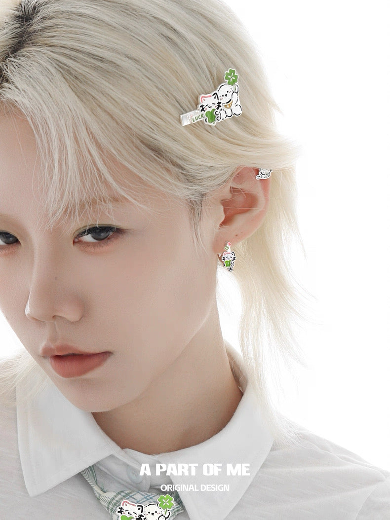 The Lucky Clover Kitten & Puppy 18K Platinum Plating Hair Clip