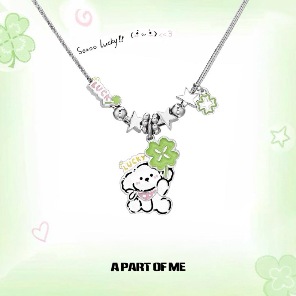 The Lucky Clover Kitten & Puppy 18K Platinum Plating Detachable Pendant Necklace