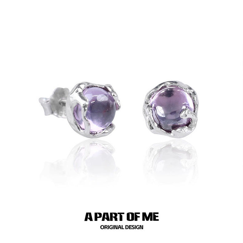 Purple Glass Beads Basic S925 Sterling Silver Stud Earrings