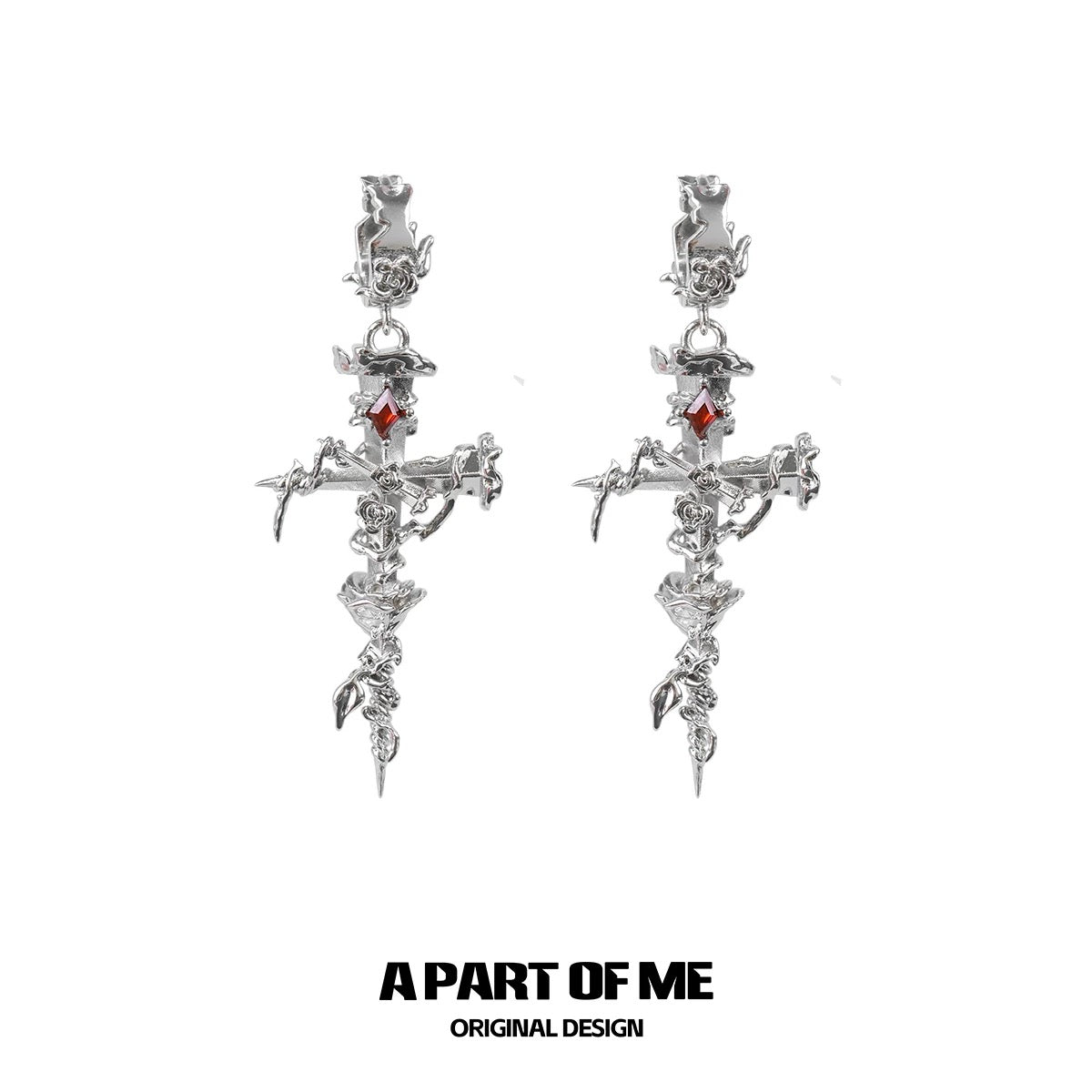 Rose Thorn on Nail Cross 18K Platinum Plating Huggies Earrings