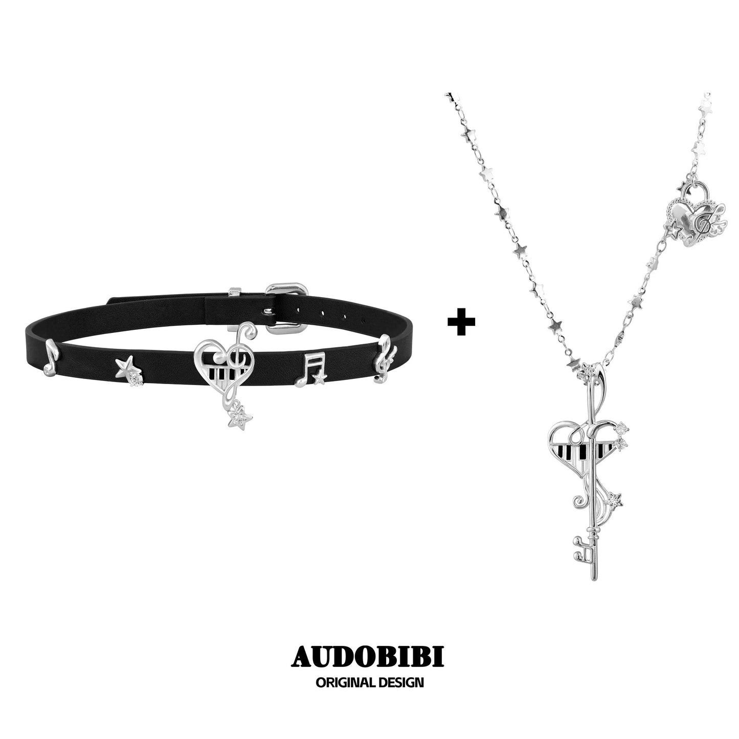 Melody Etude 18K Platinum Plating Charms Faux Leather Choker