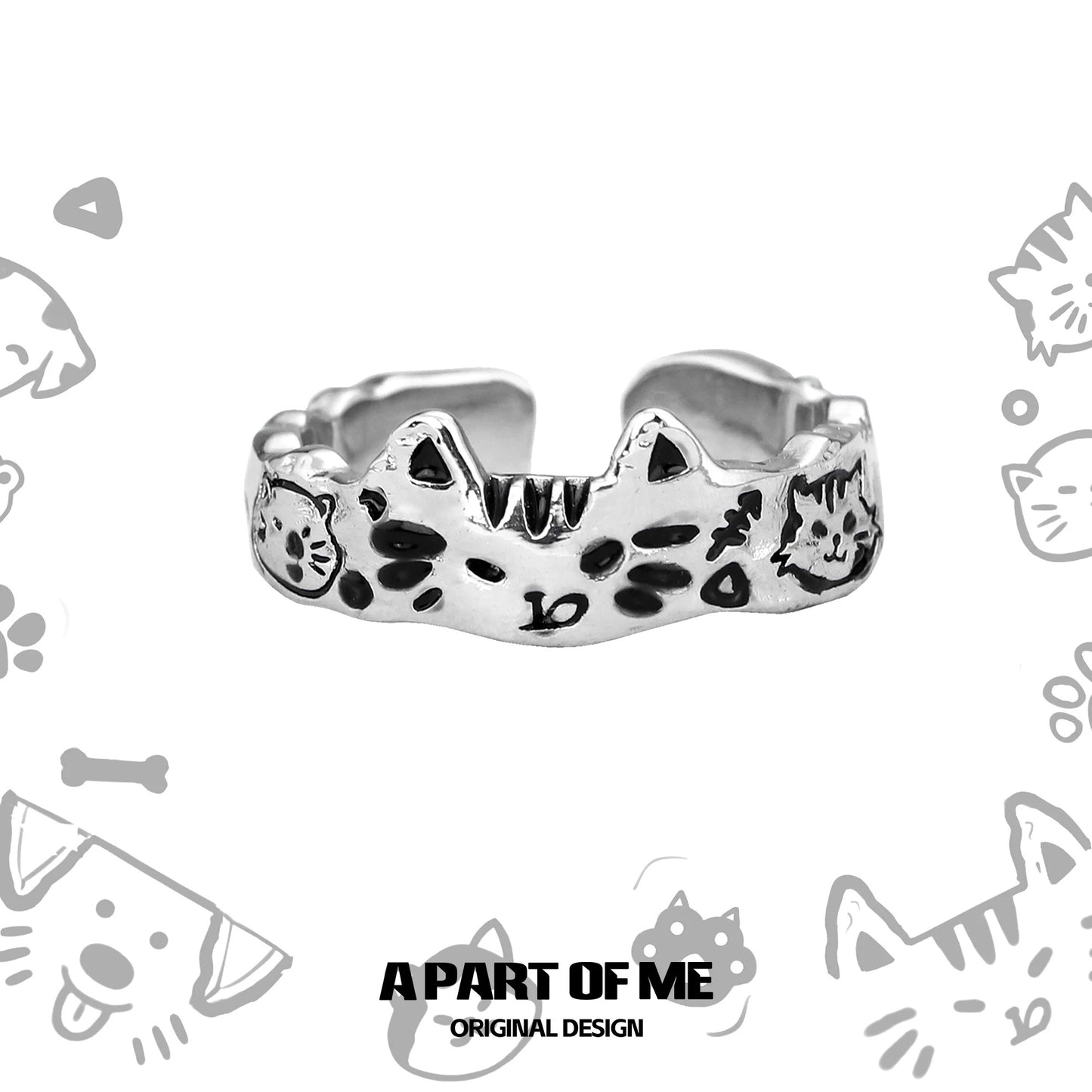 Graffiti Cat & Dog S925 Sterling Silver Couple Rings