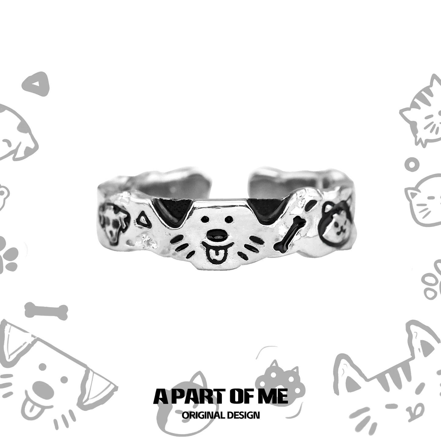 Graffiti Cat & Dog S925 Sterling Silver Couple Rings