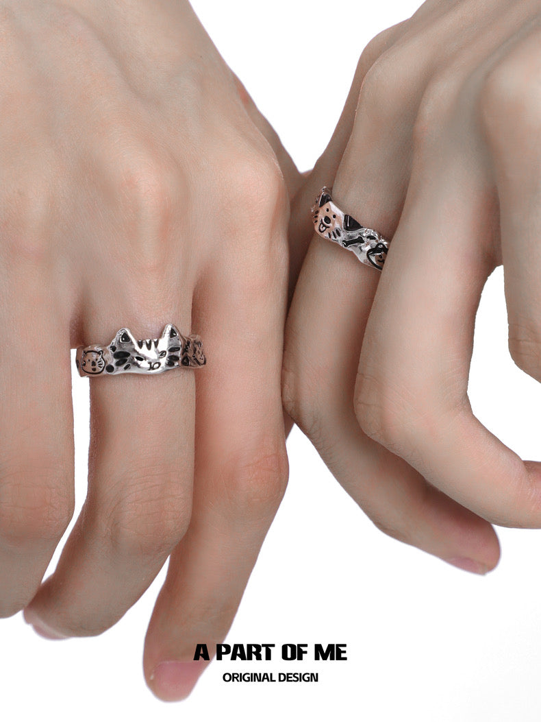 Graffiti Cat & Dog S925 Sterling Silver Couple Rings