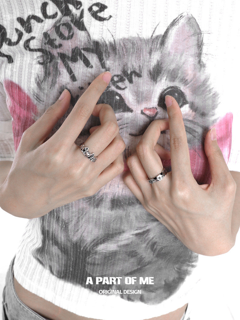 Graffiti Cat & Dog S925 Sterling Silver Couple Rings